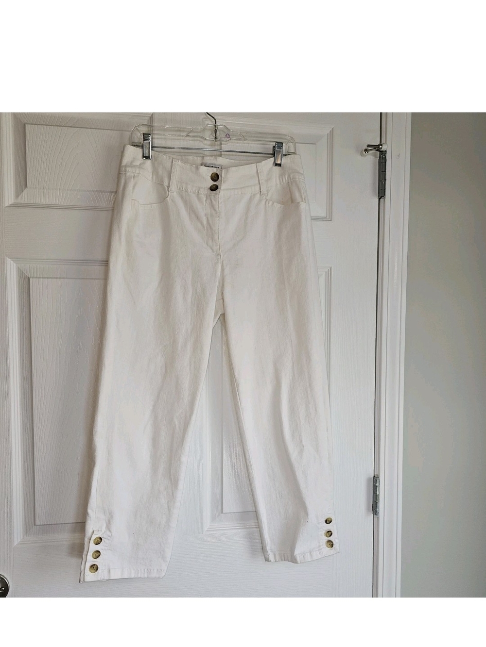 White Ankle Pants Button Cuff Detail Stretch Classic Womens Sz 8 Cotton Spandex